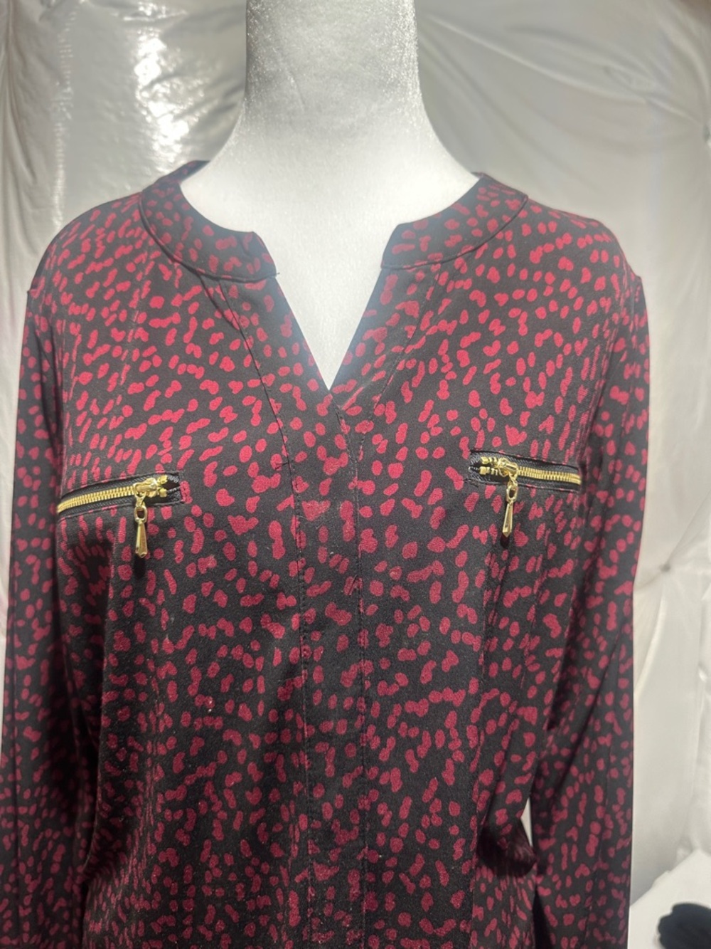 Susan Graver Black Blouse with Red Leopard Print